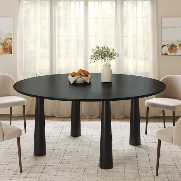 Round Black Solid Wood 59 in. Kitchen Tables 4-Legs Dining Table Seats 8