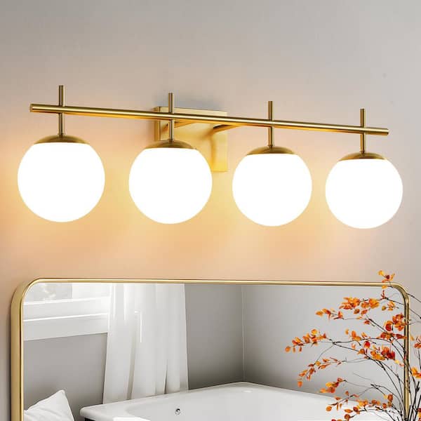 31 in. 4-Light Antique Gold Vintage Brass Globe Clear and Frosted Glass Shades Farmhouse Urban Bathroom Vanity Light