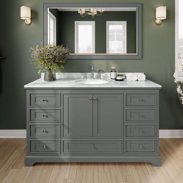 Wyndham Collection Deborah 60 in. Single Vanity in Dark Gray with Marble Vanity Top in White Carrara with White Basin and 58 in. Mirror
