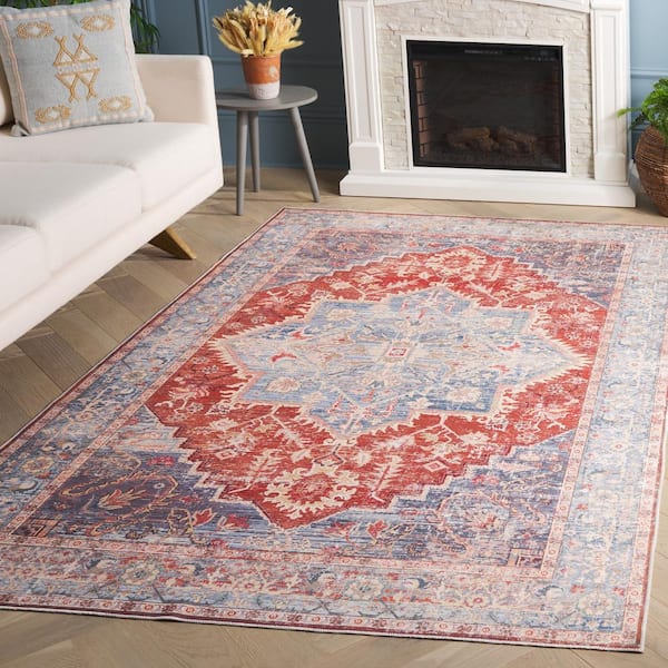 Arizona Light Blue/Rust 9 ft. x 12 ft. Distressed Border Ornate Machine Washable Area Rug