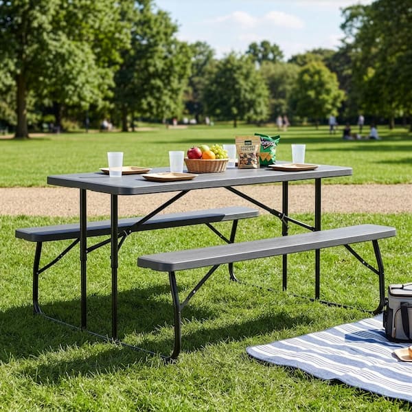 Gardenised Gray Folding Picnic Table Set with Benches, Woodgrain