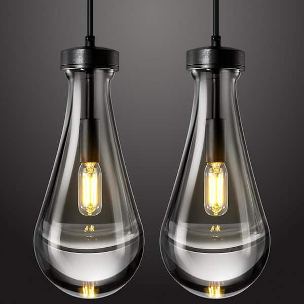 Raindrop Pendant Lights Kitchen Island Set of 2 Teardrop Black Hanging Light Fixtures Clear Solid Glass Pendant Light