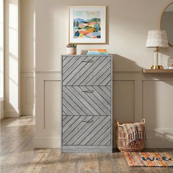 Gray 18-Pair Shoe Storage Cabinet with 3-Drawers and 6-Compartments and Wood Grain