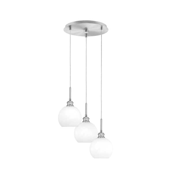 Unbranded Albany 60-Watt 13 in. 3-Light Brushed Nickel Cord Pendant Light White Marble Glass Shade