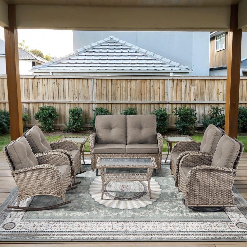 PlainCurve 8-Piece Gray Wicker Patio Conversation Set with Glider Loveseat and Olefin Gray Cushions price history on PriceWatchPro