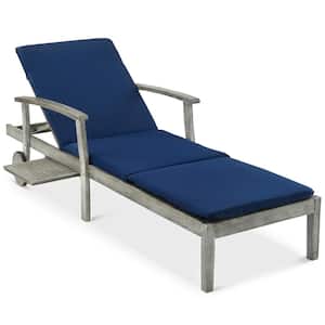 Gray Wood Outdoor Patio Chaise Lounge with Navy Blue Cushions