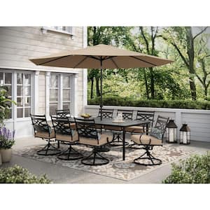 Montclair 9-Piece Steel Outdoor Dining Set with Tan Cushions, 8 Swivel Rockers, 42 in. x 84 in. Table and Umbrella
