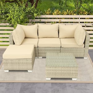 Gray 5-Piece Wicker Outdoor Sectional Set with Field Gray Cushions and Coffee Table