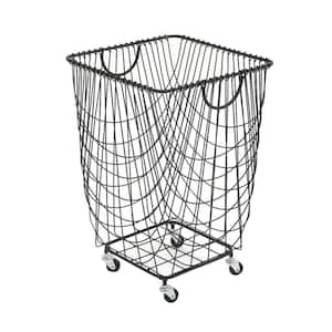 24 in. Black Deep Set Wire Mesh Rolling Laundry Basket Storage Cart with Handles