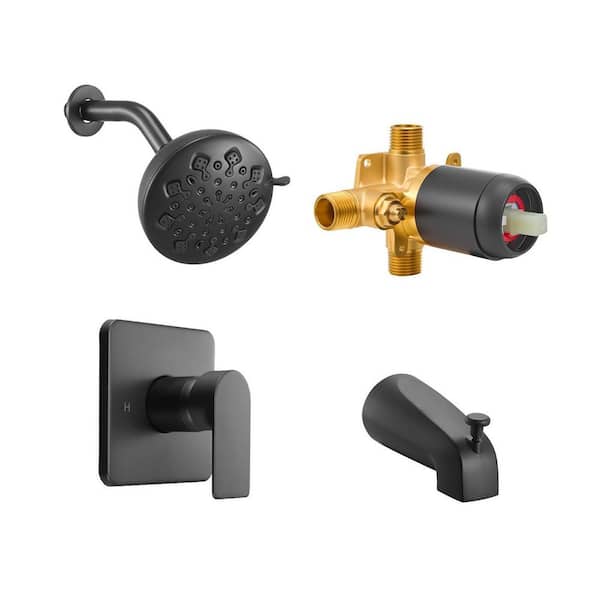 Tub and Shower Faucet Set, 5-In. Rainfall Shower Head, with 8 Adjustable Spray, Single-Handle Tub Trim Kit, Matte Black