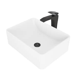Matte Stone Amaryllis Composite Rectangular Vessel Bathroom Sink in White with Faucet and Pop-Up Drain in Matte Black