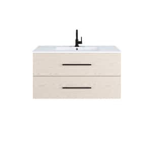Napa 36 W x 18 D x 21 H Single Sink Bath Vanity Wall Mounted in Natural Oak with White Ceramic Integrated Countertop