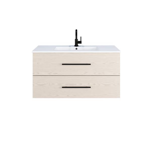 VOLPA USA AMERICAN CRAFTED VANITIES Napa 36 W x 18 D x 21 H Single Sink Bath Vanity Wall Mounted in Natural Oak with White Ceramic Integrated Countertop