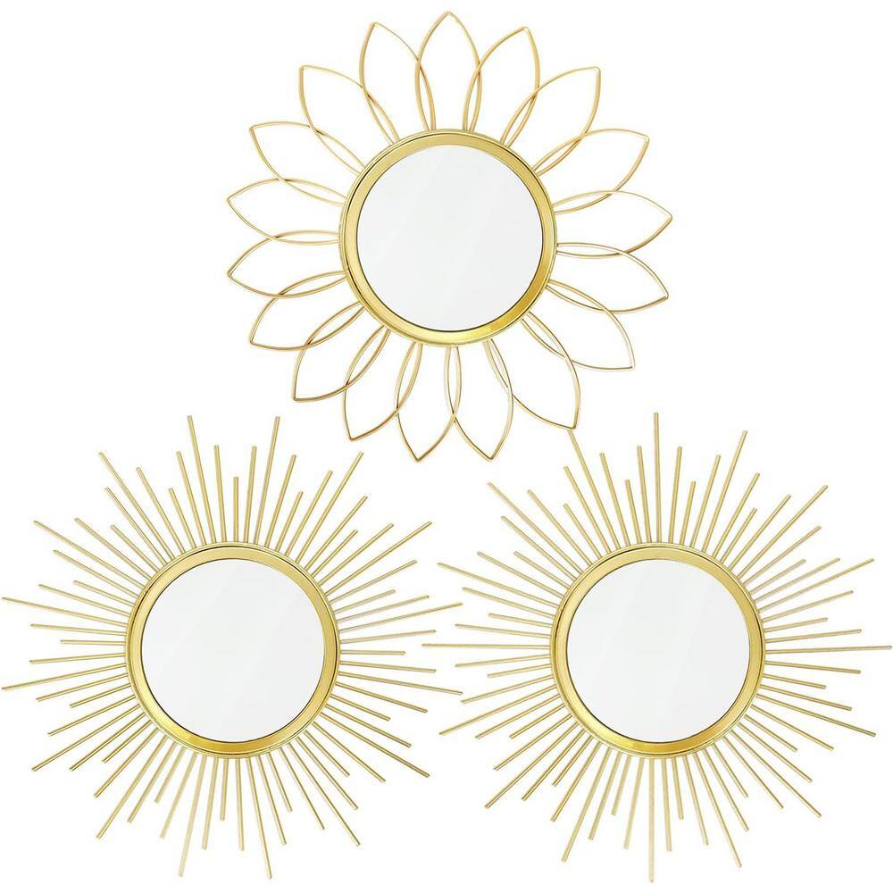 Gold Sunburst Round Metal Wall Mirrors, Set of 3