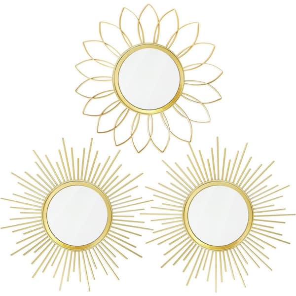 Unbranded 13.5 in. W x 13.5 in. H Gold Mirrors Wall Metal Sunburst Wall Mirrors Home Decor Hanging Wall Art, 3-Pack
