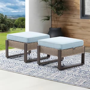 Wicker Outdoor Patio Ottoman with Steel Frame and Baby Blue Cushion (Set of 2)