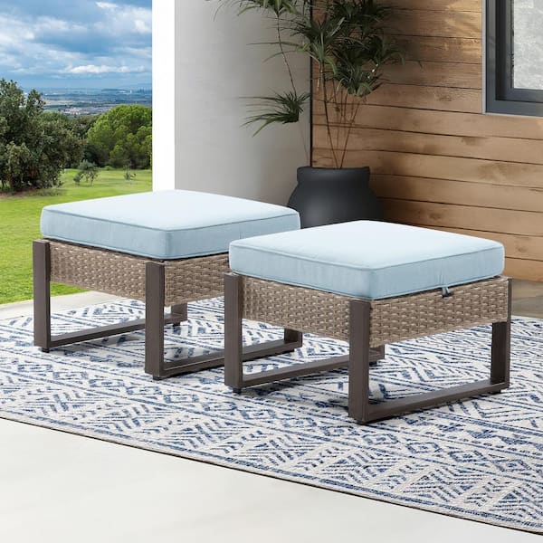 Gardenbee Wicker Outdoor Patio Ottoman with Steel Frame and Baby Blue Cushion (Set of 2)