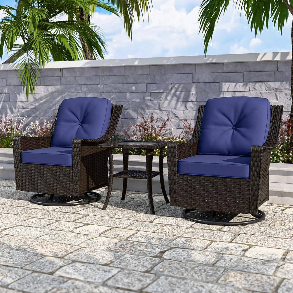 Azure Bay 3-Piece Brown Steel Wicker Outdoor Bistro Set with Blue Cushions