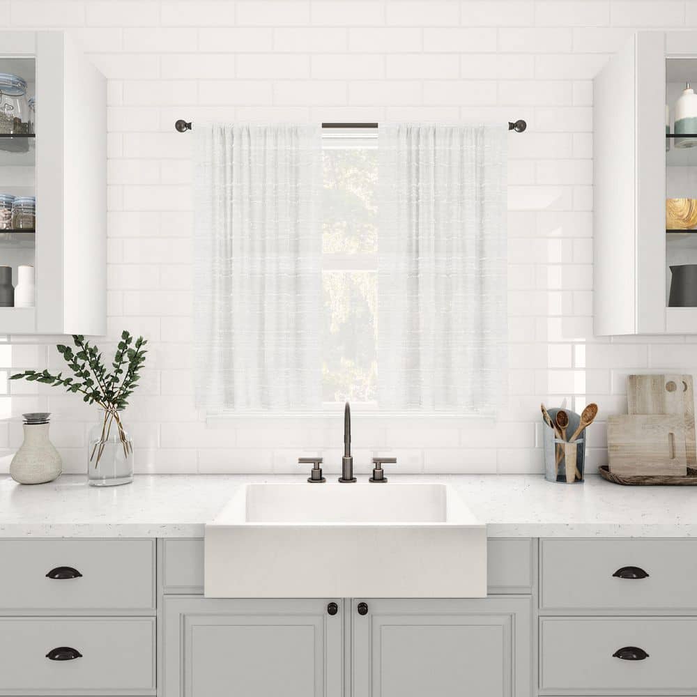 White Sheer Linen Blend Rod Pocket Kitchen Curtain Tiers