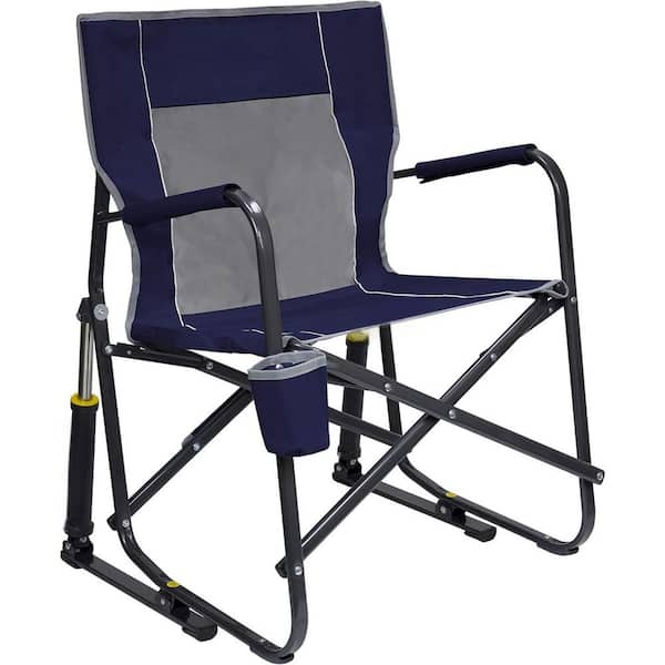 Metal Outdoor Rocking Chair Side Table Camping Chair Portable Folding Rocking Chair with Solid Durable Armrests Blue