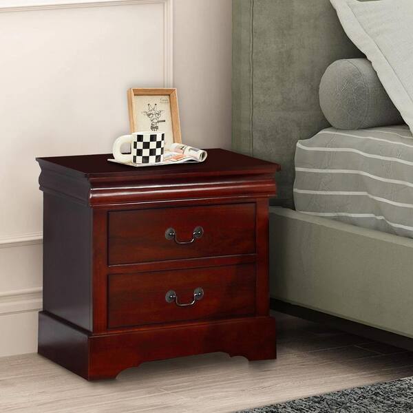 Benjara Cherry Brown 2-Drawer Wood Nightstand with Antique Drop Handles (22 in. L x 16 in. W x 23 in. H)