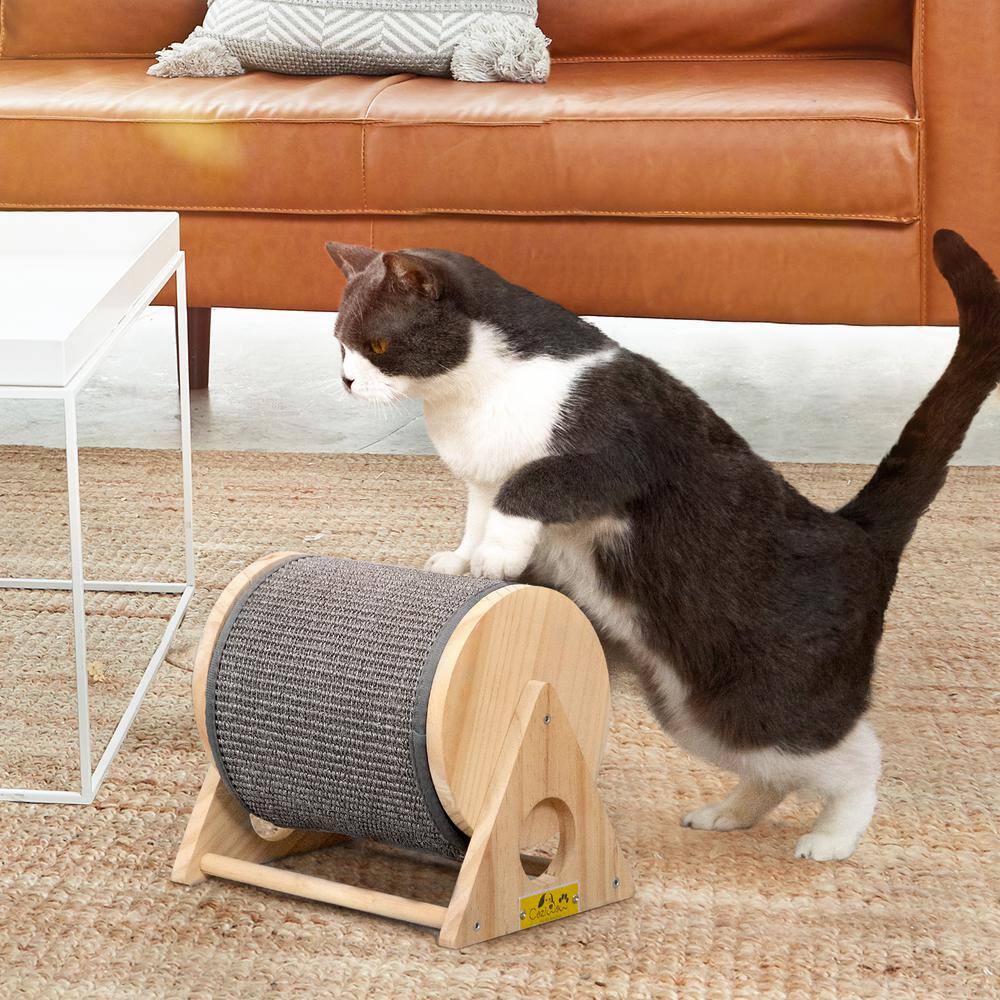 Natural Pine Wood Rotatable Cat Scratching Post with Sisal Carpet