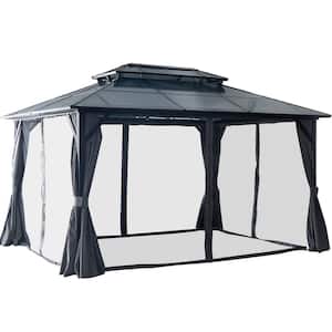 10 ft. x 13 ft. Hardtop Gazebo, Double Roof Canopy, Aluminum Frame Permanent Pavilion with Curtains and Netting, Black