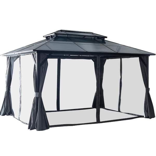 ToolCat 10 ft. x 13 ft. Hardtop Gazebo, Double Roof Canopy, Aluminum Frame Permanent Pavilion with Curtains and Netting, Black