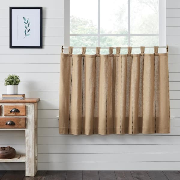 VHC BRANDS Stitched Burlap 36 in. W x 36 in. L Light Filtering Tier Window Panel in Natural Tan Soft Black Pair