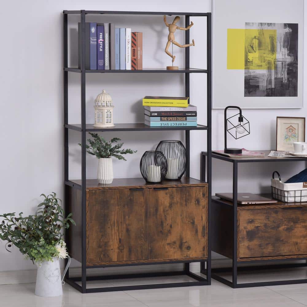 Brown Tall Baker's Rack with Open Shelves and Cupboard