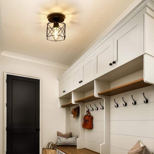 6 in. 1-Light Black Industrial Semi-Flush Mount Ceiling Light, with Metal Cage Shade for Porch and Hallway