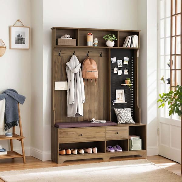Unbranded 57.48 in. W x 14.96 in. D x 77. 17in. H Brown Wood Hall Tree with Shoe Bench, Coat Rack, Storage Shelves and Pegboard