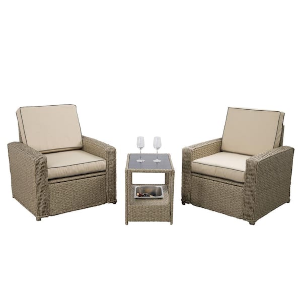PATIOPTION 3-Piece Patio Furniture Set, Natural Wicker Outdoor Bistro Set with Beige Cushion, Ice Bucket Coffee Table