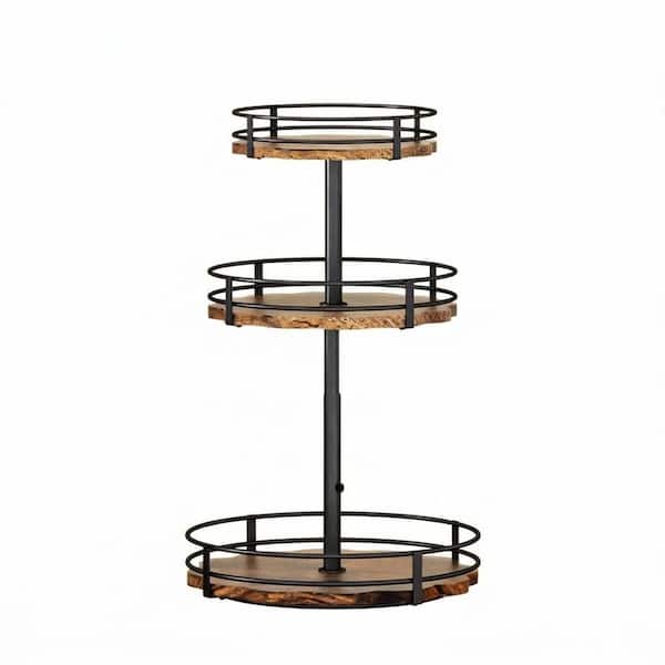 3-Tier Walnut Adjustable Height Countertop Rotating Spice Rack Organizer with Metal and Wood Shelves
