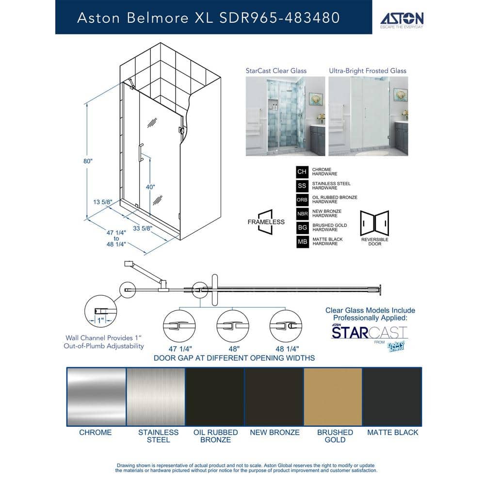 Belmore XL Frameless Hinged Shower Door with Clear Glass and Brushed Gold Finish