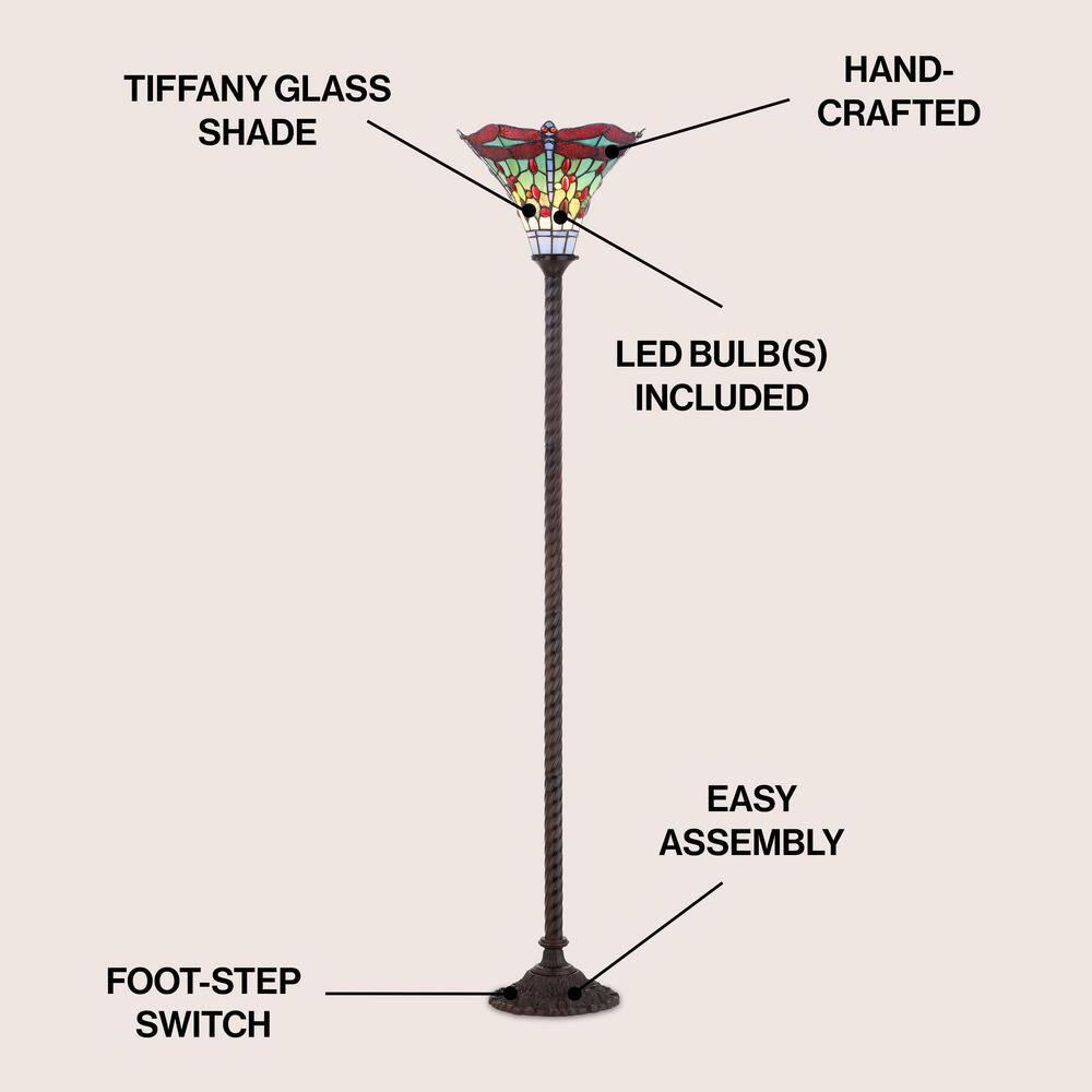 Dragonfly Tiffany-Style 71" Bronze Stained Glass Torchiere Lamp