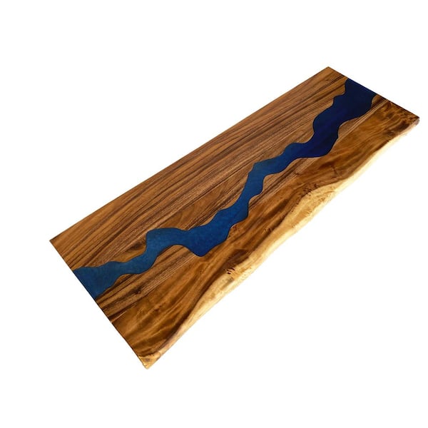 HARDWOOD REFLECTIONS 6 ft. L x 25 in. D UV Finished Saman Solid Wood Butcher Block Countertop with Live Edge and Blue Epoxy River