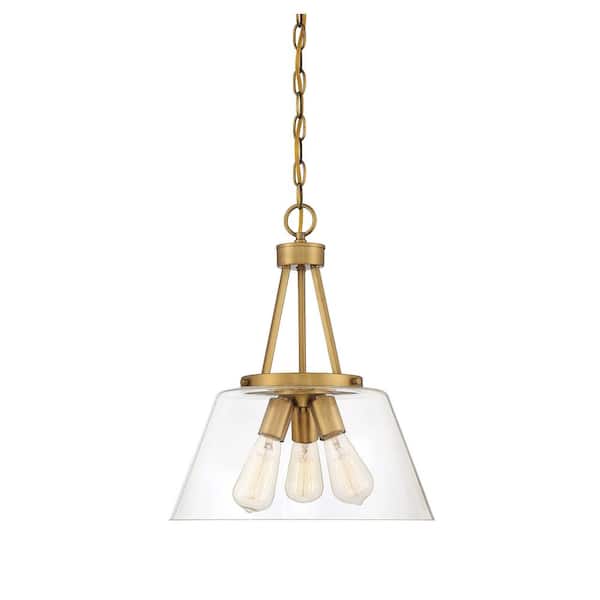 Savoy House Calhoun 15 in. W x 18 in. H 3-Light Warm Brass Pendant Light with Clear Glass Shade