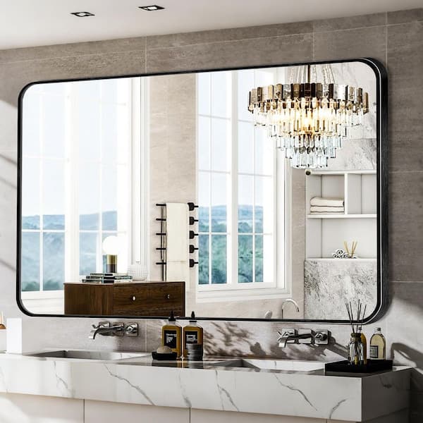 Sxiawe 30 in. W x 48 in. H Modern Rectangular Aluminum Alloy Black Rounded Corner Wall Mirror/Decorative Mirror