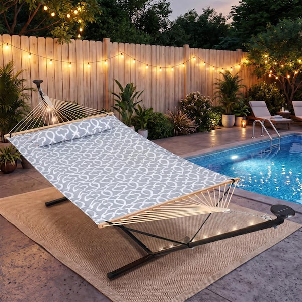 12 ft. Portable Heavy-Duty Hammock with Stand and Detachable Pillow-Solar Powered LED Lights-475 lbs. Capacity in Gray