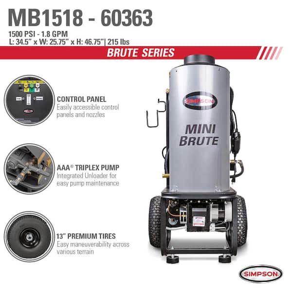1500 PSI 1.8 GPM Hot Water Electric Pressure Washer, 120V Induction Motor, Heavy-Duty Commercial Power Washer