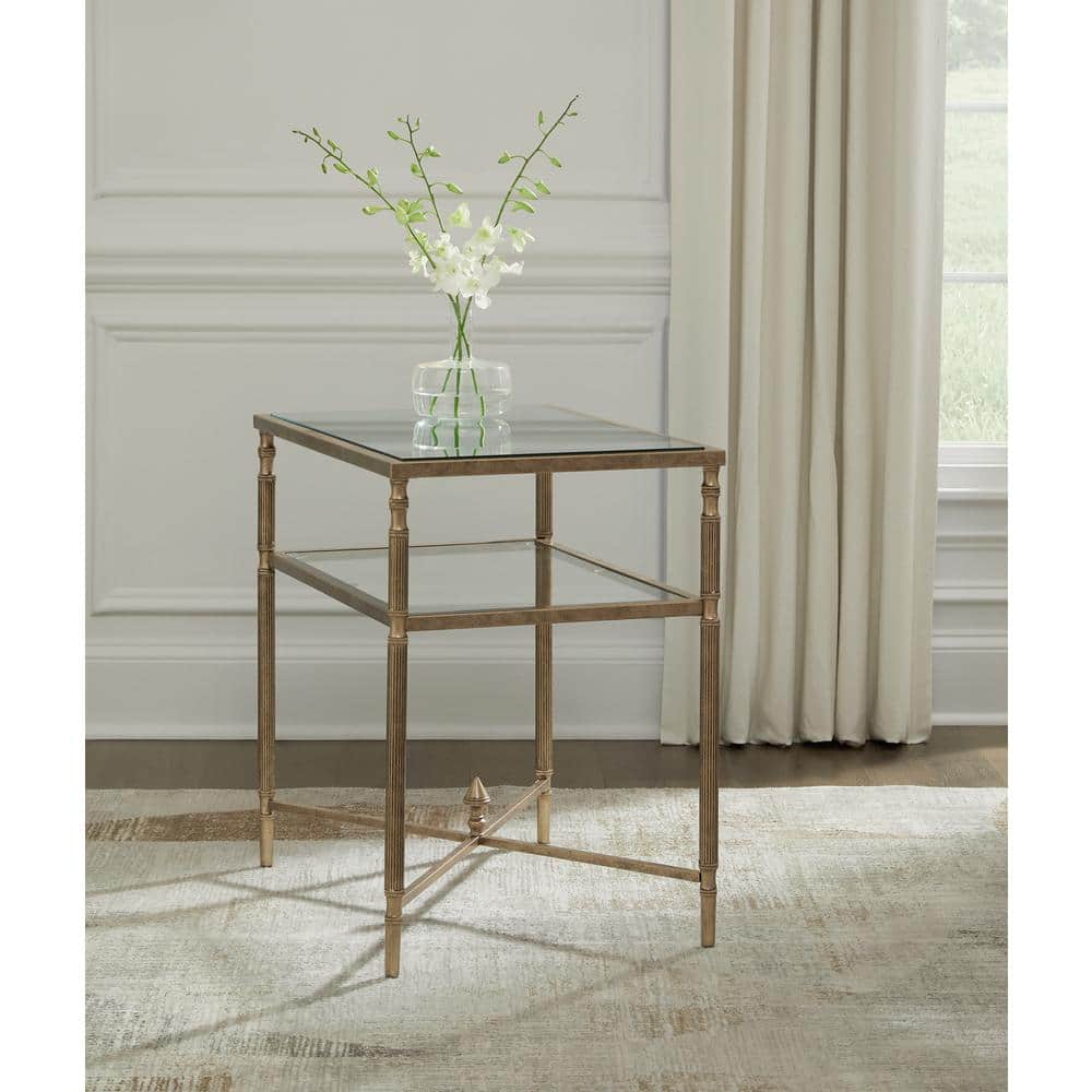 Gold Rectangular Glass and Metal End Table with Mirror Shelf