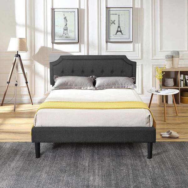 Upholstered Platform Bed Frame Mattress with Headboard and Wood Slat Supports 