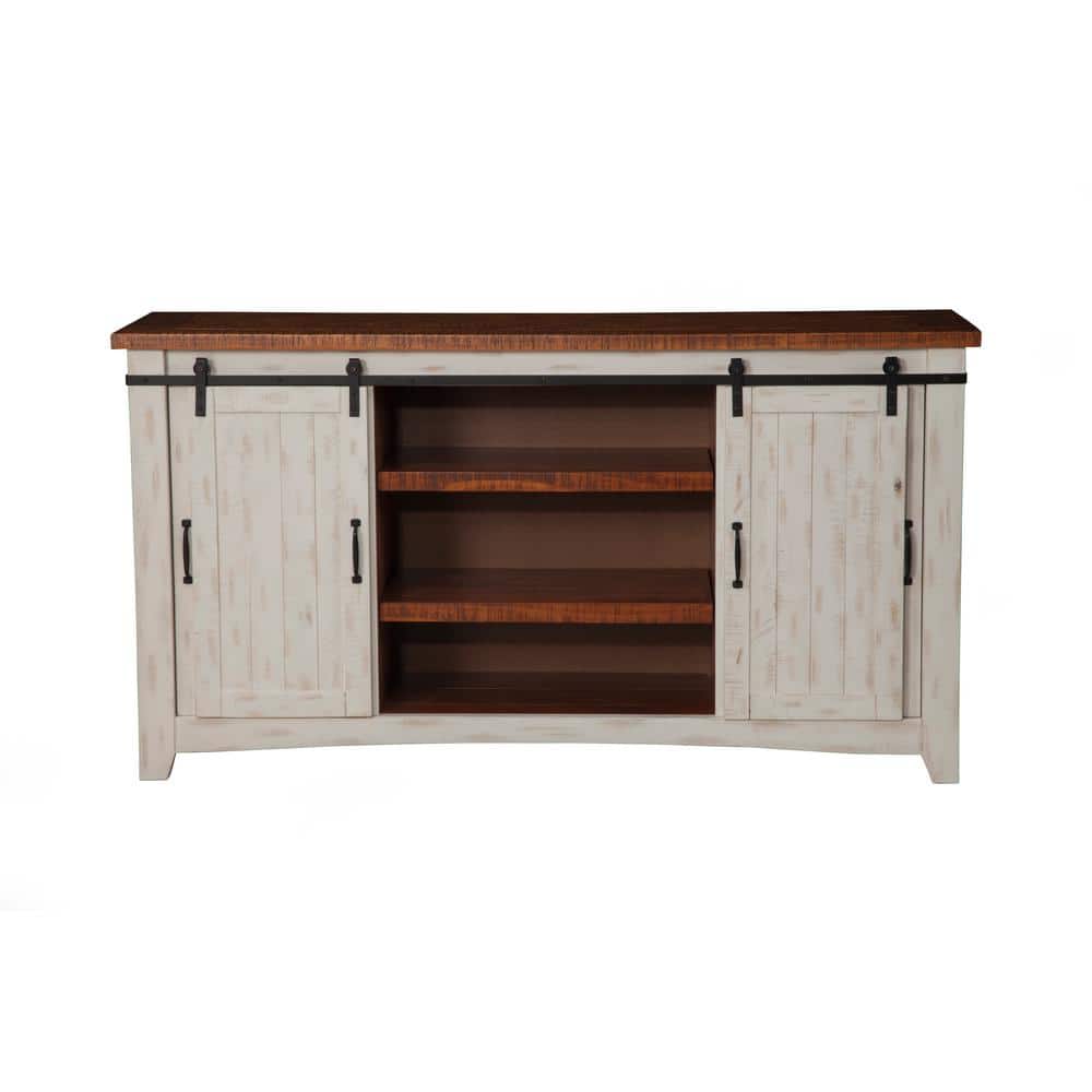 Antique White and Aged Distressed Pine 65" TV Stand with Cabinet