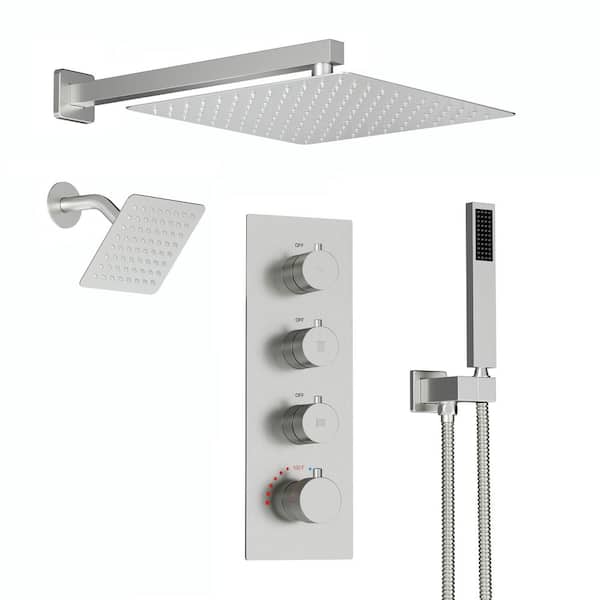 3-Spray 12 in. Thermostatic Wall Mount Rain Shower Faucet Dual Shower Head in Brushed Nickel