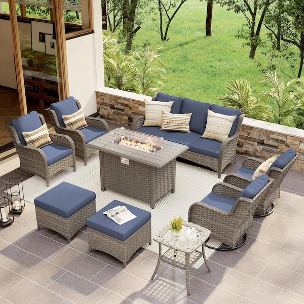 Freestyle 9-Piece Grey Wicker Outdoor Patio Conversation Sofa Set with Fire Pit Table, Swivel Rocking Chairs, Blue Cushions