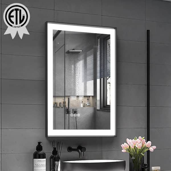 24 in.W x 36 in.H Rectangular Black Aluminum Framed Anti Fog LED Lighted Modern Wall Bathroom Vanity Mirror in Tempered