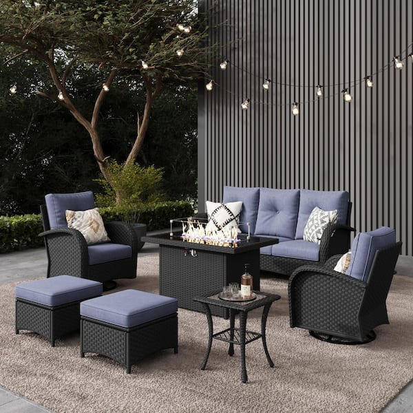 LayinSun 7-Pieces Wicker Swivel Outdoor Chairs Rectangle Fire Pit Patio Conversation Set with Navy Blue Cushions