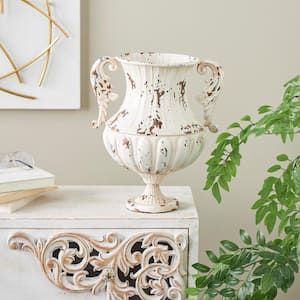 Cream Vintage Amphora Metal Leaf Decorative Vase with Brown and Teal Distressing and Leaf Handles