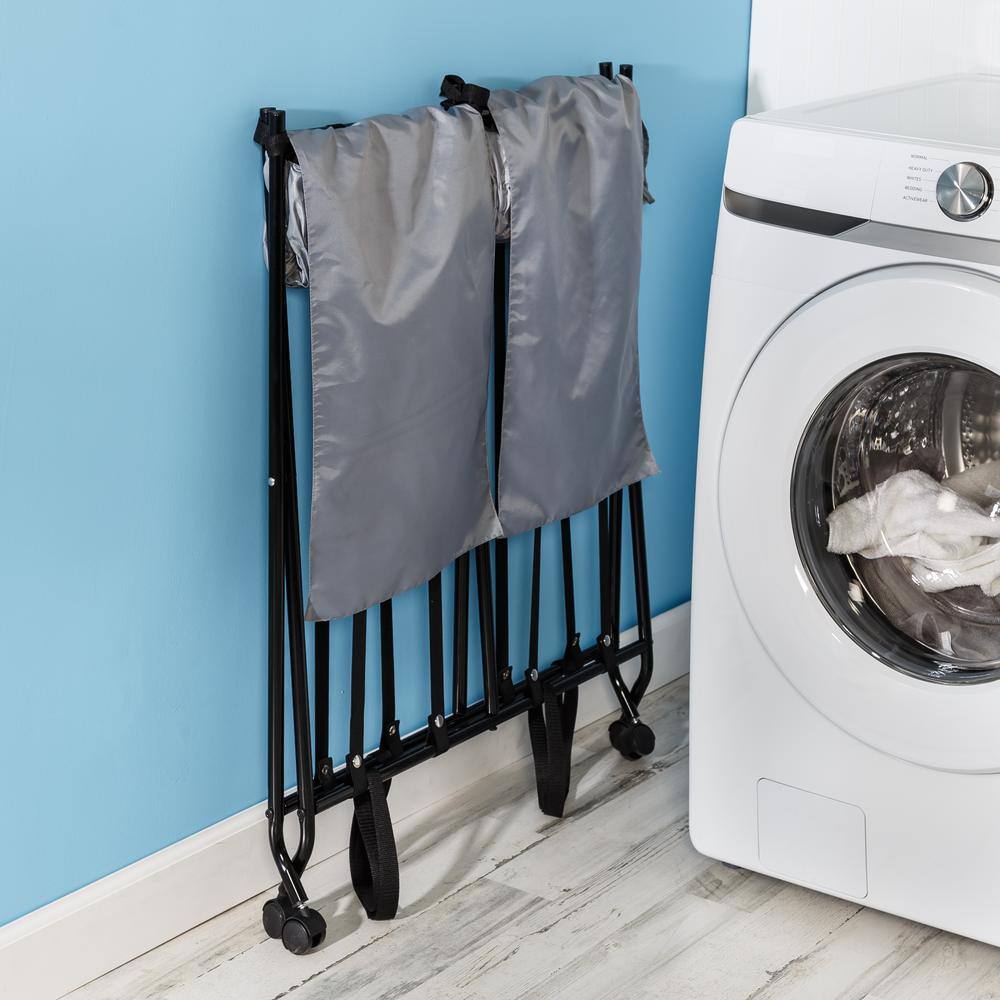 Gray and Black Collapsible Double Laundry Hamper with Wheels